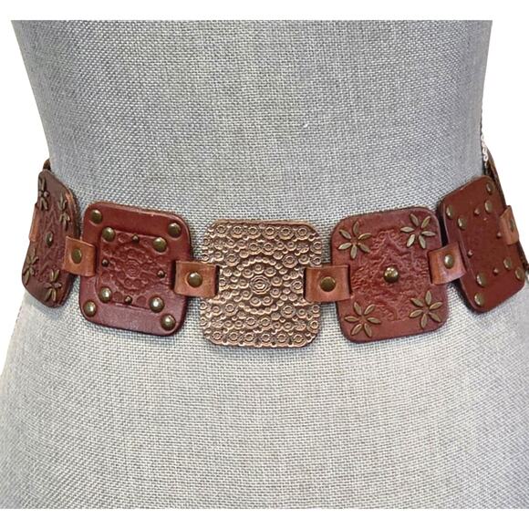 Fossil Wide Brown Studded Leather Belt | Boho Western Statement | M
